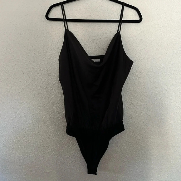 WAYF Black Spaghetti Strap Satin Cowl Neck Bodysuit - Picture 4 of 8
